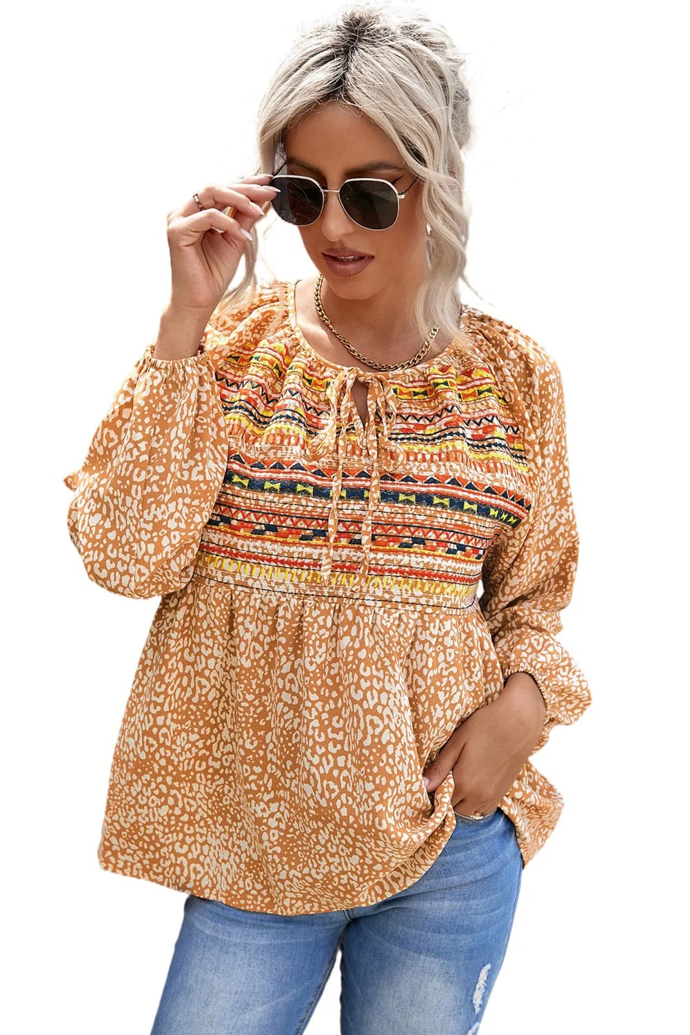 Leopard Patch Drawstring Long Puff Sleeve Blouse
