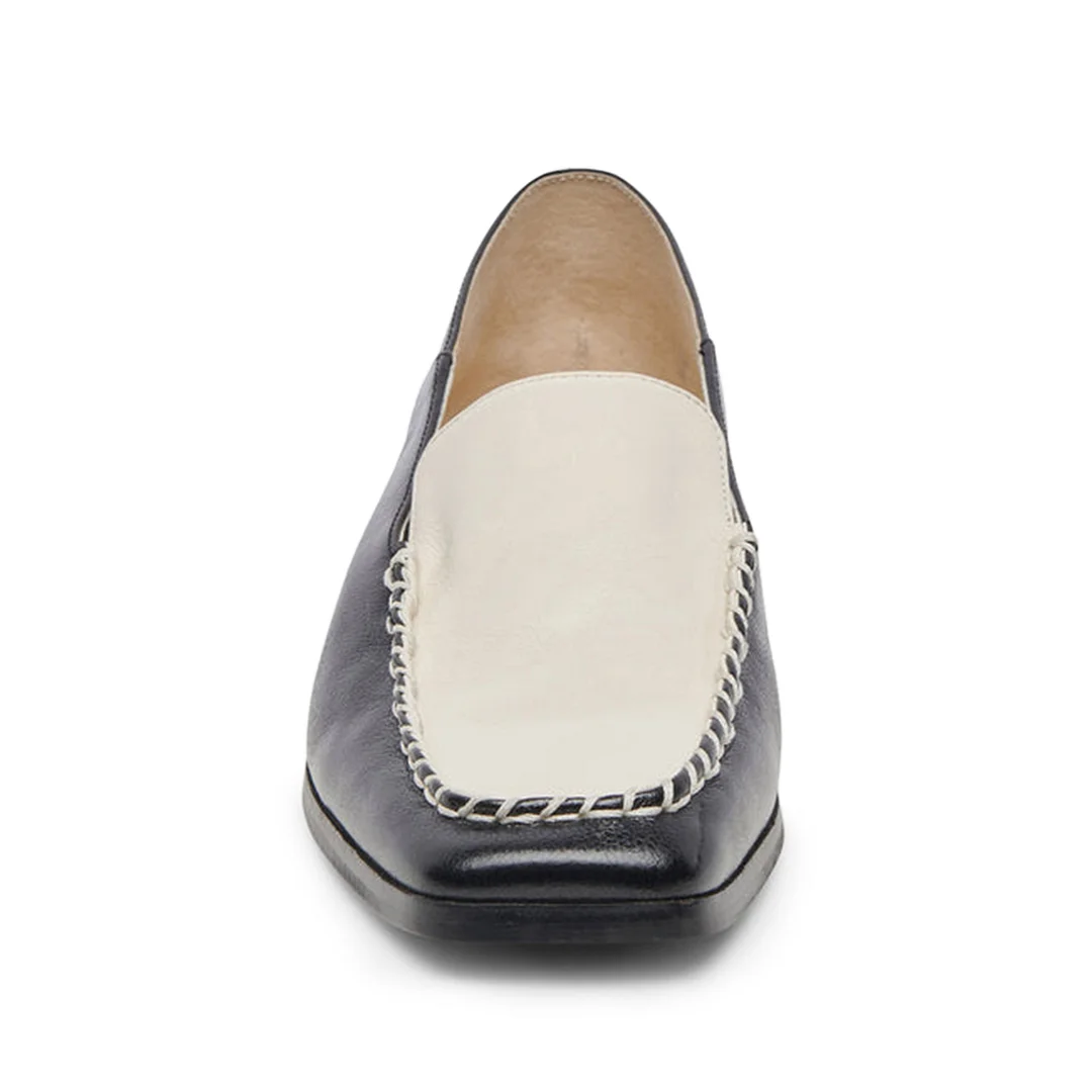 Black & White Vegan Leather Square Toe Stitched Women's Flat Loafers