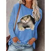 Women&lsquo;s Round Neck Pullover Cat Printed Long Sleeve T-shirt