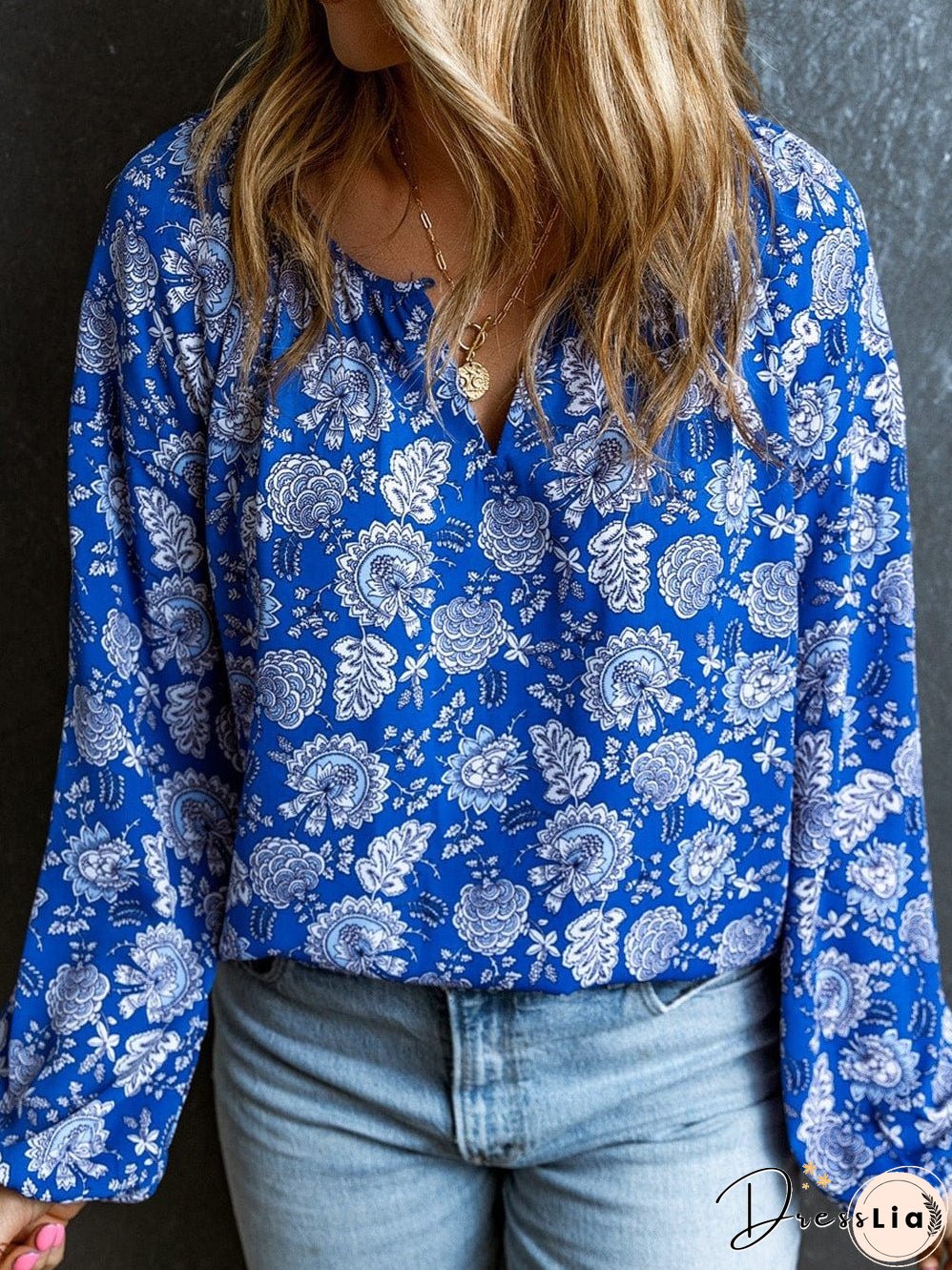 Blue Floral Notched V-Neck Long Sleeve Shift Blouse