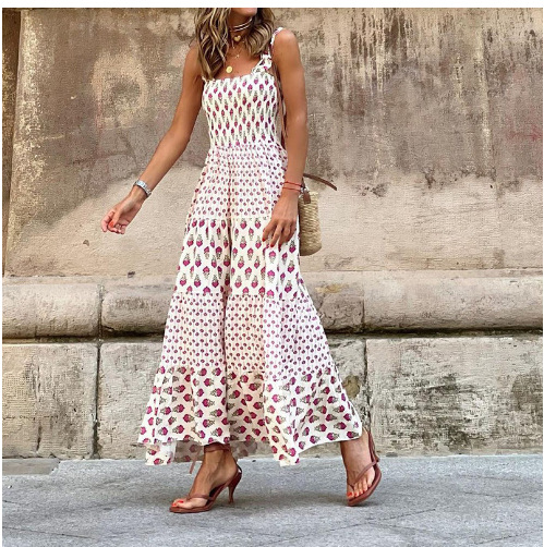 Mature Women Summer Sling Bohemian Printed Mid-length Dress