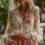 Women's Rose AppliquÉ Lace-trimmed V-neck Shirt - Image 2