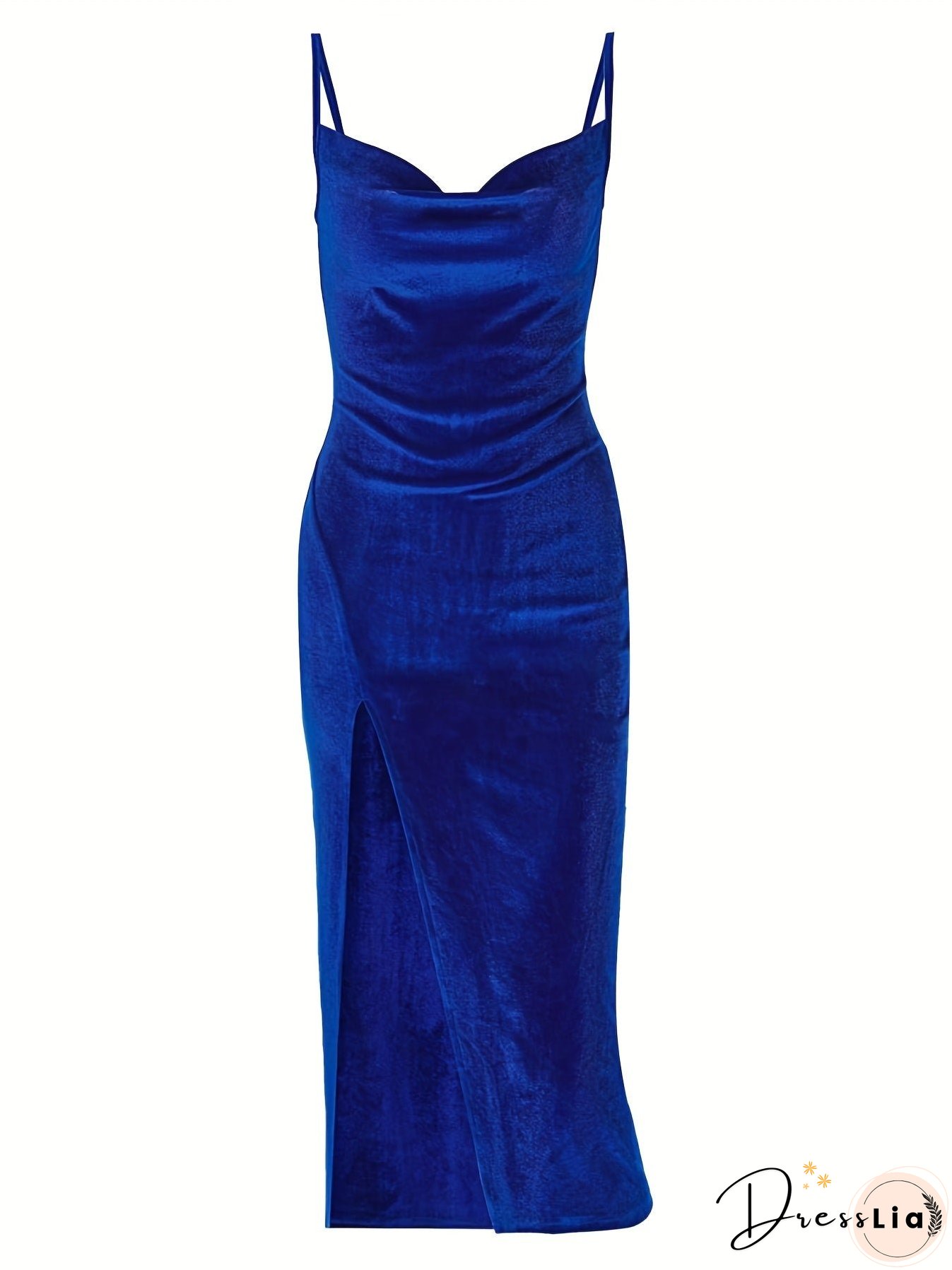 Split Thigh Ruched Dress, Elegant Spaghetti Sleeveless Party Dress, Women's Clothing