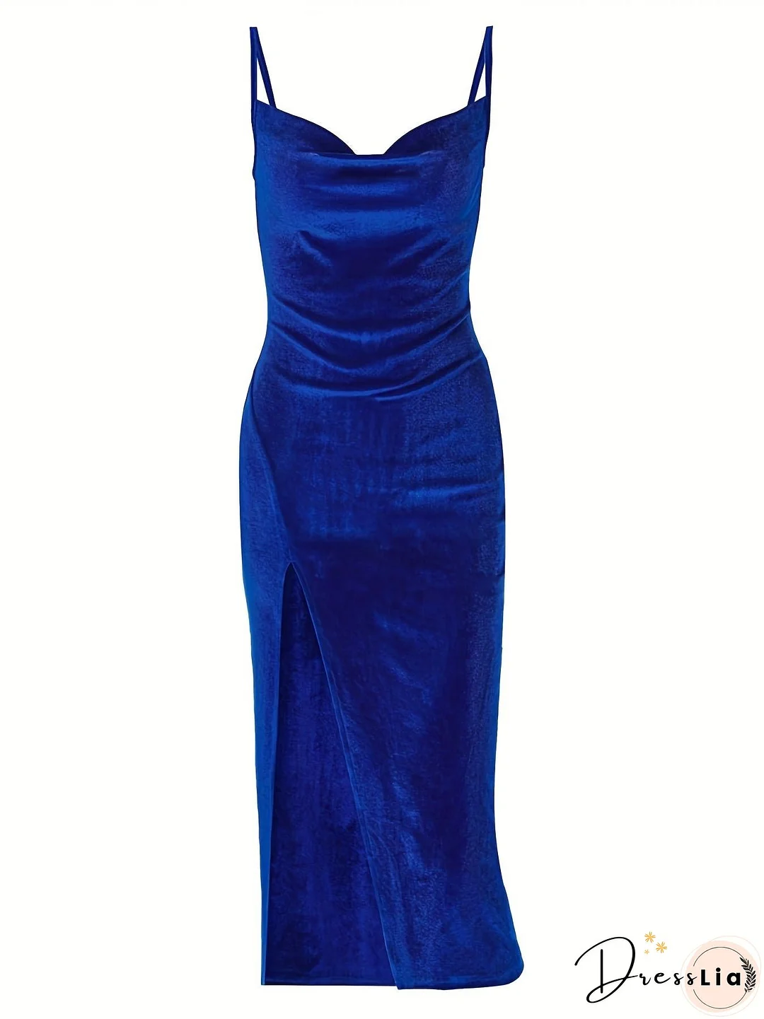 Split Thigh Ruched Dress, Elegant Spaghetti Sleeveless Party Dress, Women's Clothing