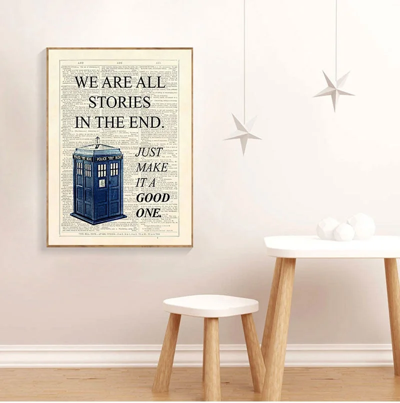 Dr Who Classic TV Show Poster Prints Tardis We Are All Stories In The End Dictionary Page Art Canvas Painting Picture Home Decor