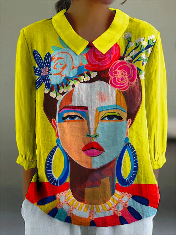 Oil Painting Freda Portrait Art Printed Women's Casual Cotton And Linen 3/4 Sleeve Shirt