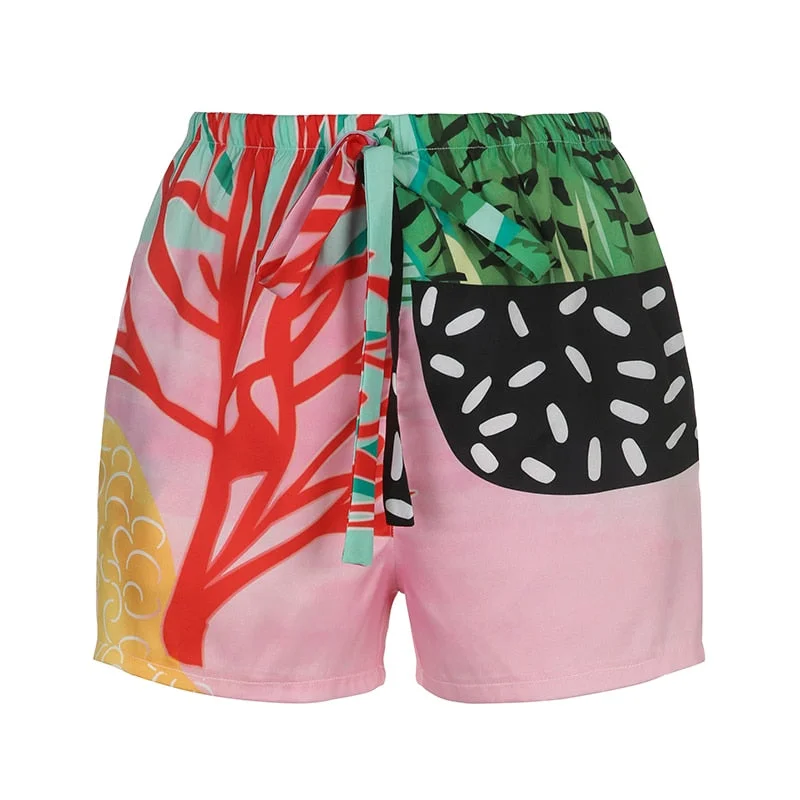 BIIKPIIK Summer Mid Waist Shorts Women Fashion Casual Beach Shorts Colourful Print Drawstring Bottom 2022 Summer Holiday Outfits