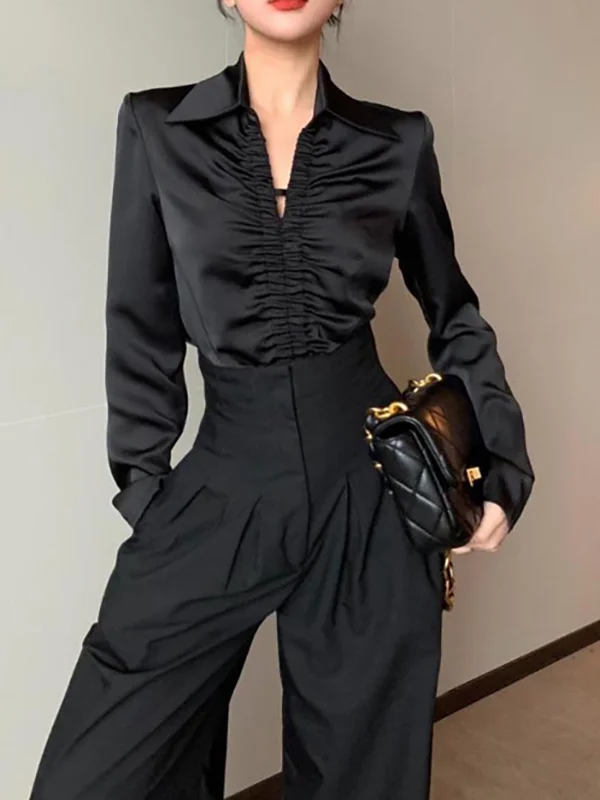 Pleated Solid Color Long Sleeves Skinny Lapel Two Pieces Set Pants Set