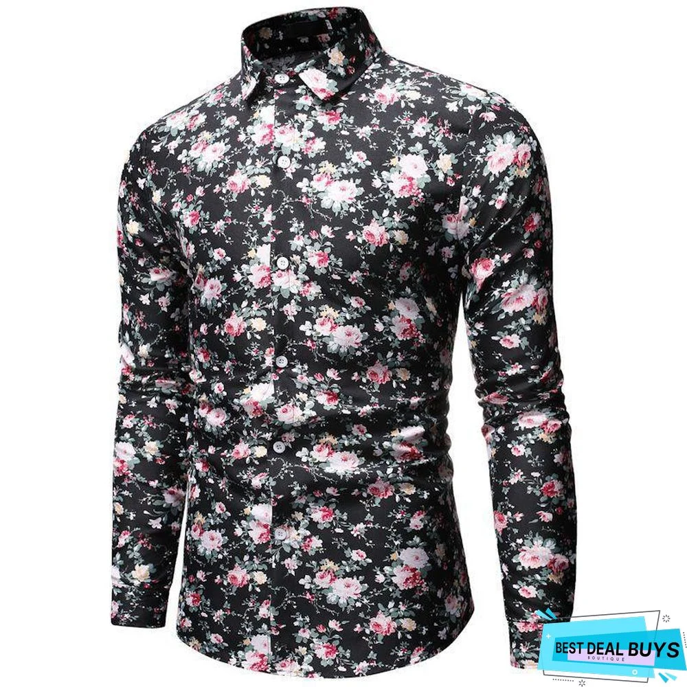 Aliexpress Wish Hong New Style Foreign Trade Men's Wear Fashion Printed Fold-Down Collar Plus-Sized Men's Long-Sleeve Shirt
