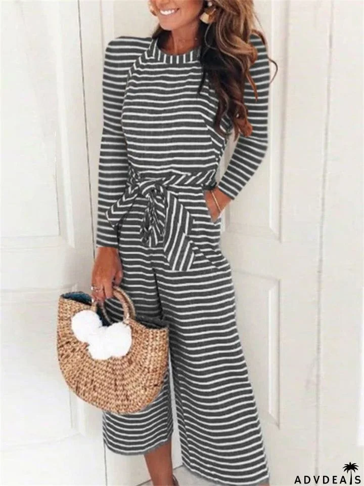 Women's Boho Striped Long Sleeve Round Neck Lace Up Rompers
