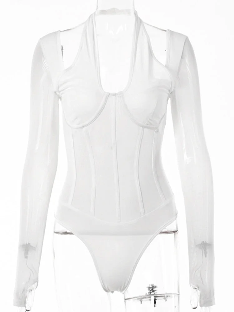 Articat Mesh See Through Slim Bodysuit Women Long Sleeve High Waist Sexy Bodycon Hollow Out Cross Collar Female Bodysuits