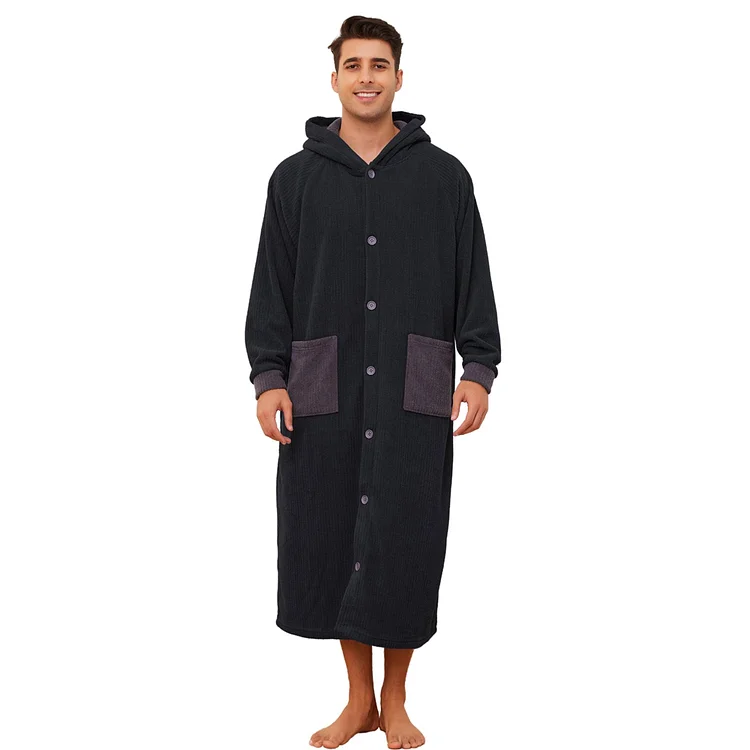 Vulcanodon Mens Hooded Robe, Plush Fleece Bathrobes for Men Long Cozy Warm Spa Robe（Black ，L/XL）