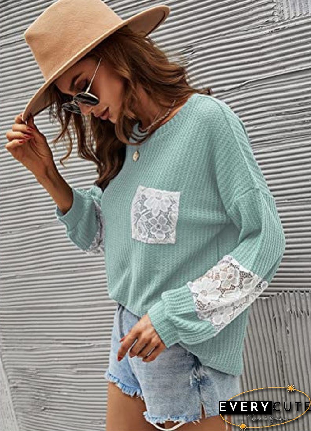 Casual Lace Pocket Round Neck Sweatshirt