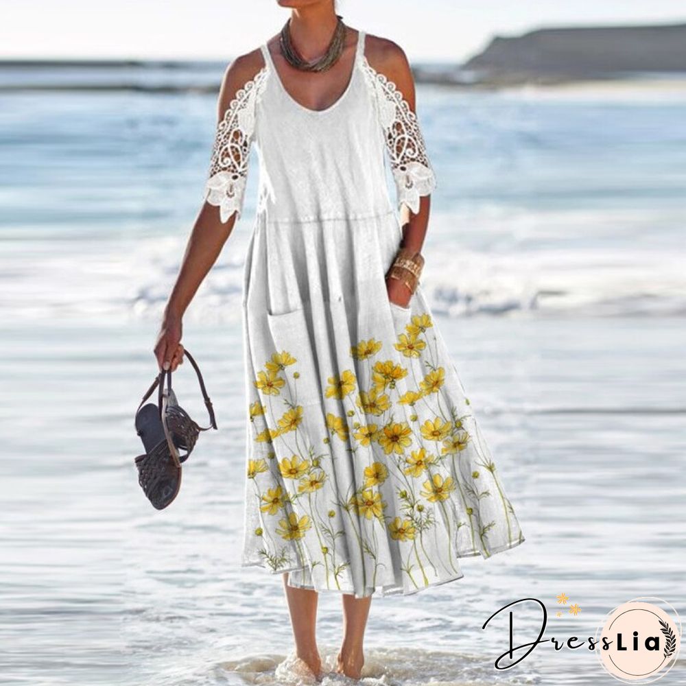 Vintage Floral Print Pocket Dress-Womens Casual Lace Patchwork Neck Hollow Lady Fashion