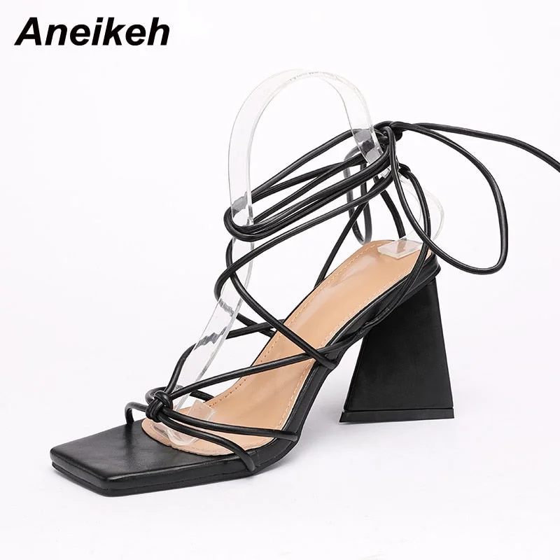 Aneikeh 2022 Fashion Solid Square Open Toe Summer Sandals PU Ankle Cross-Tied Mid Heel Women Shoes Concise 35-42 Zapatos Mujer