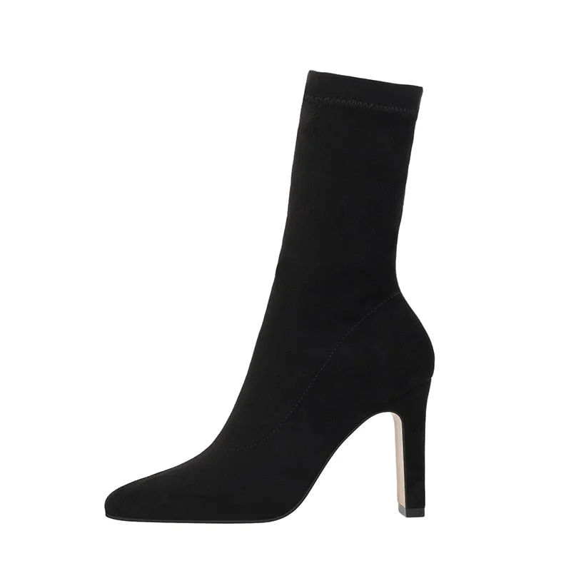 Women High Heel Sock Boots Plus Size Sexy Flock Pointed Toe Ankle Booties Female Sexy Party Winter Woman Fashion Shoes Boots