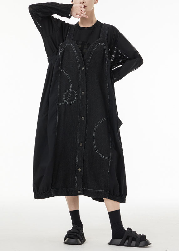 VCSHOES Black Oversized Patchwork Cotton Strap Dress Summer