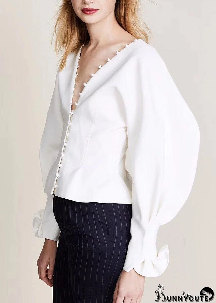 diy white chiffon box top Puff Sleeve oversized summer v neck shirt