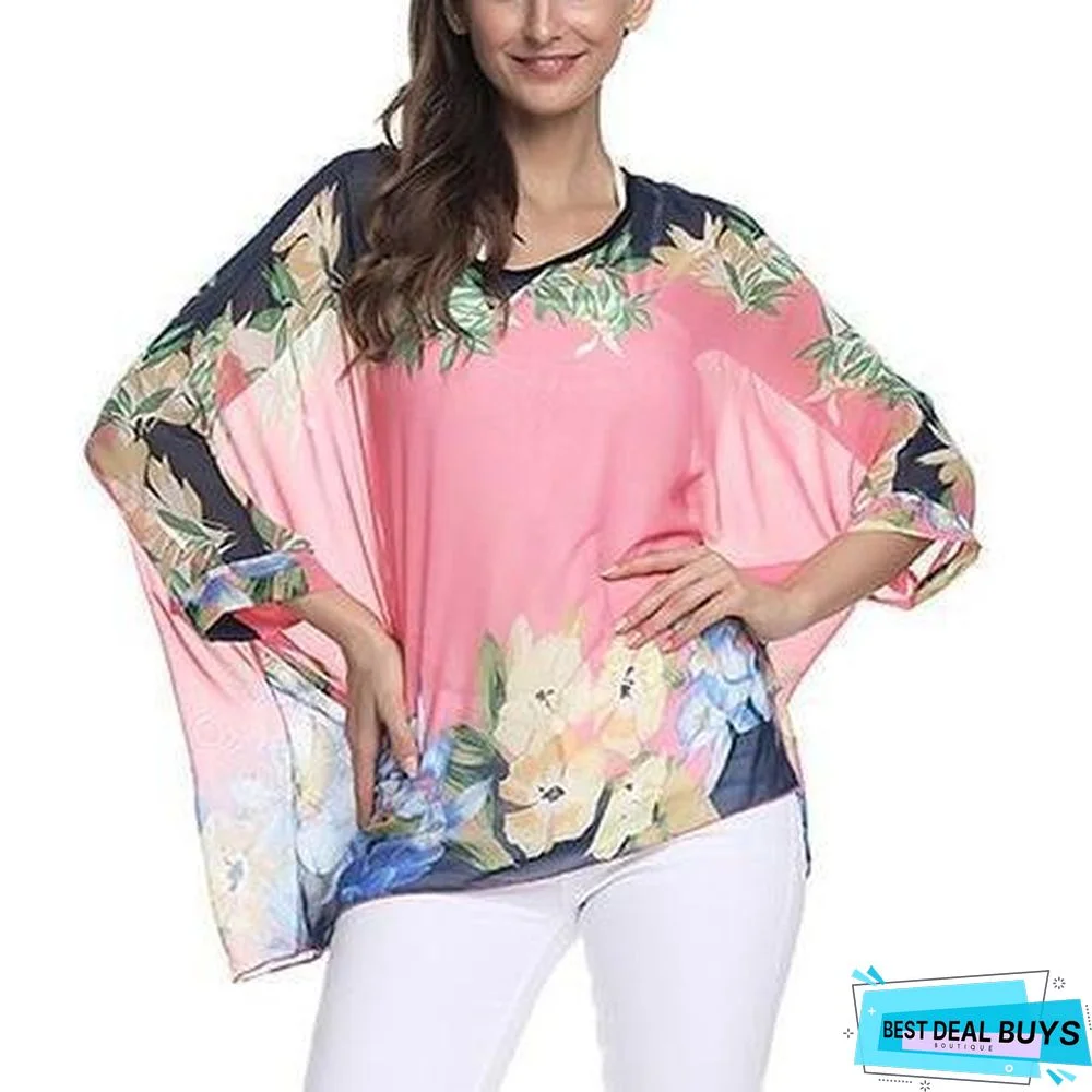Plus Size Women Batwing Sleeve Casual Chiffon Tops Blouses