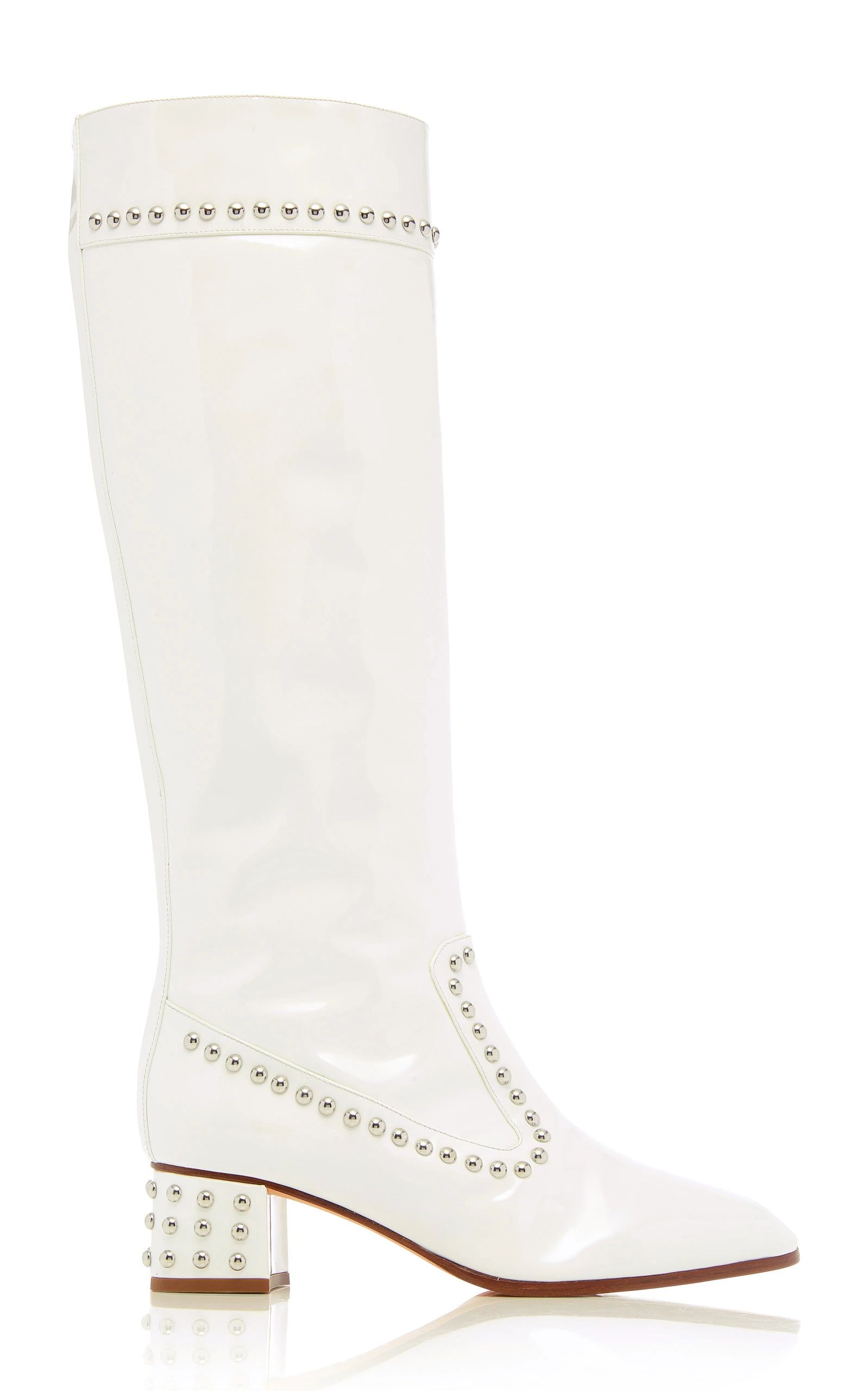 GOOSHOE White Vegan Leather Knee Boots With Studs Chunky Heels
