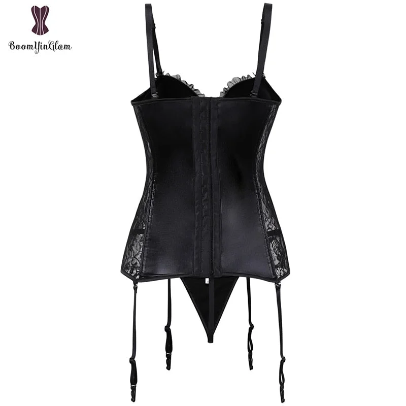 Black Shinny Women's Steampunk Gothic Lace Corset  Faux Leather Bra Bustier Lingerie Plus Size S-XXXXXXL
