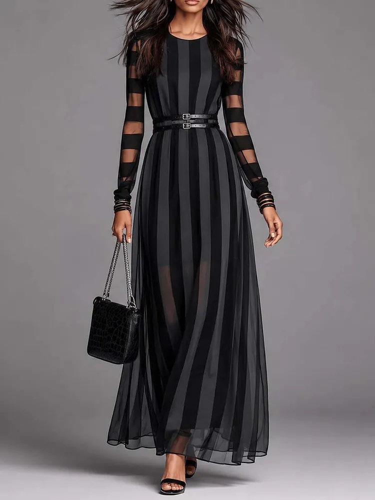Gothic Striped Mesh Long Sleeve Double Buckle Belted Maxi Chiffon Dress