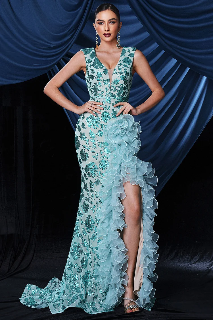 Floral Sequin Sleeveless Ruffled Slit Maxi Dress-Mint Green