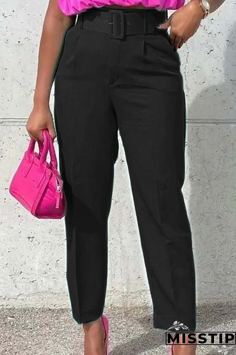 Pink Casual Solid Patchwork With Belt Regular High Waist Conventional Solid Color Trousers