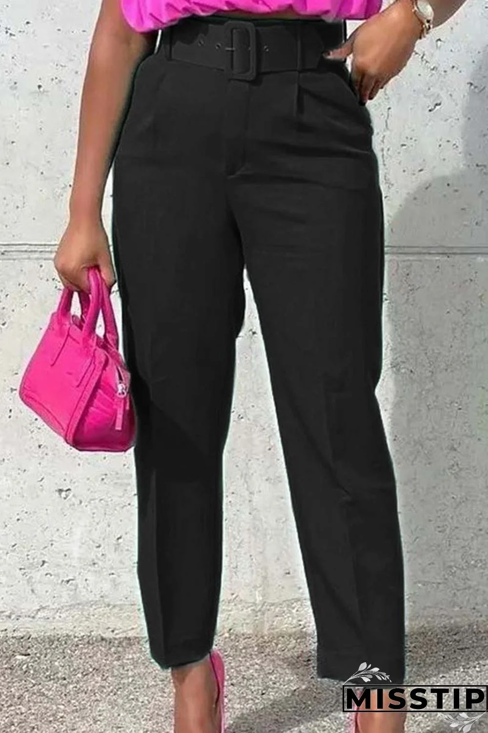 Pink Casual Solid Patchwork With Belt Regular High Waist Conventional Solid Color Trousers