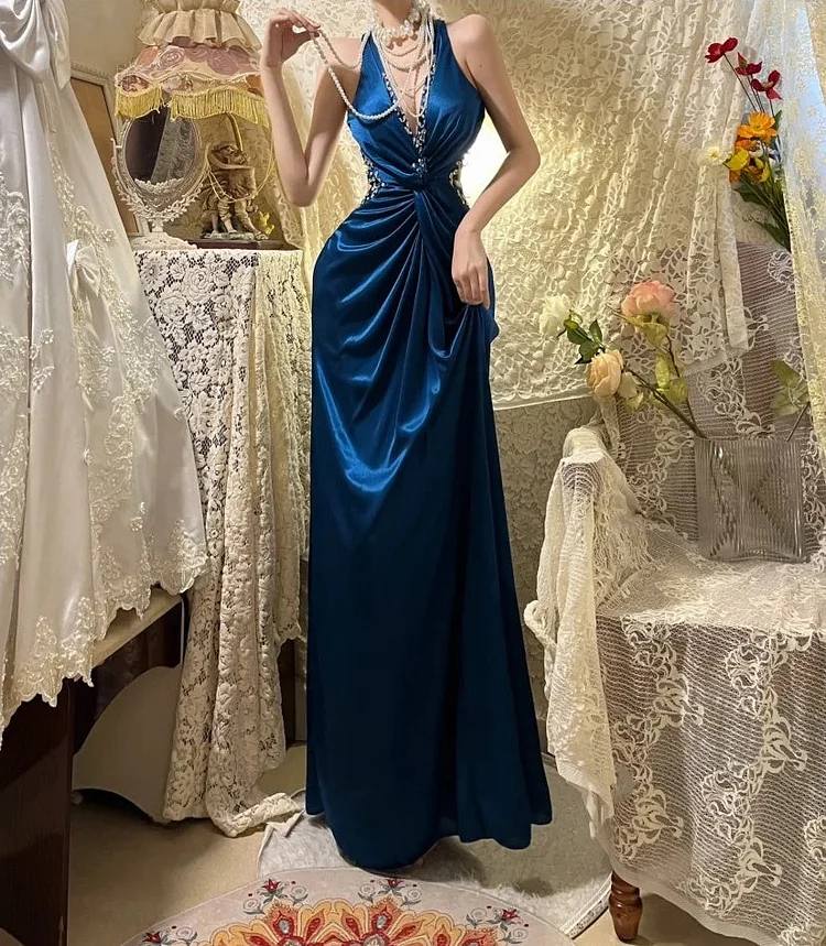 Blue Beaded Elegant Long Satin Ball Gown Evening Gown Party Dress