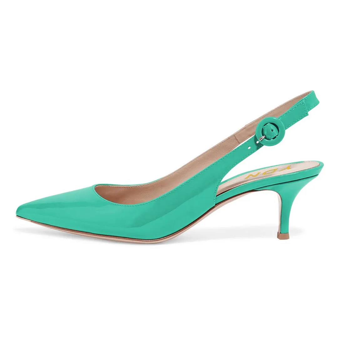 Patent Leather Kitten Heel Slingback Buckle Pumps Shoes in Turquoise