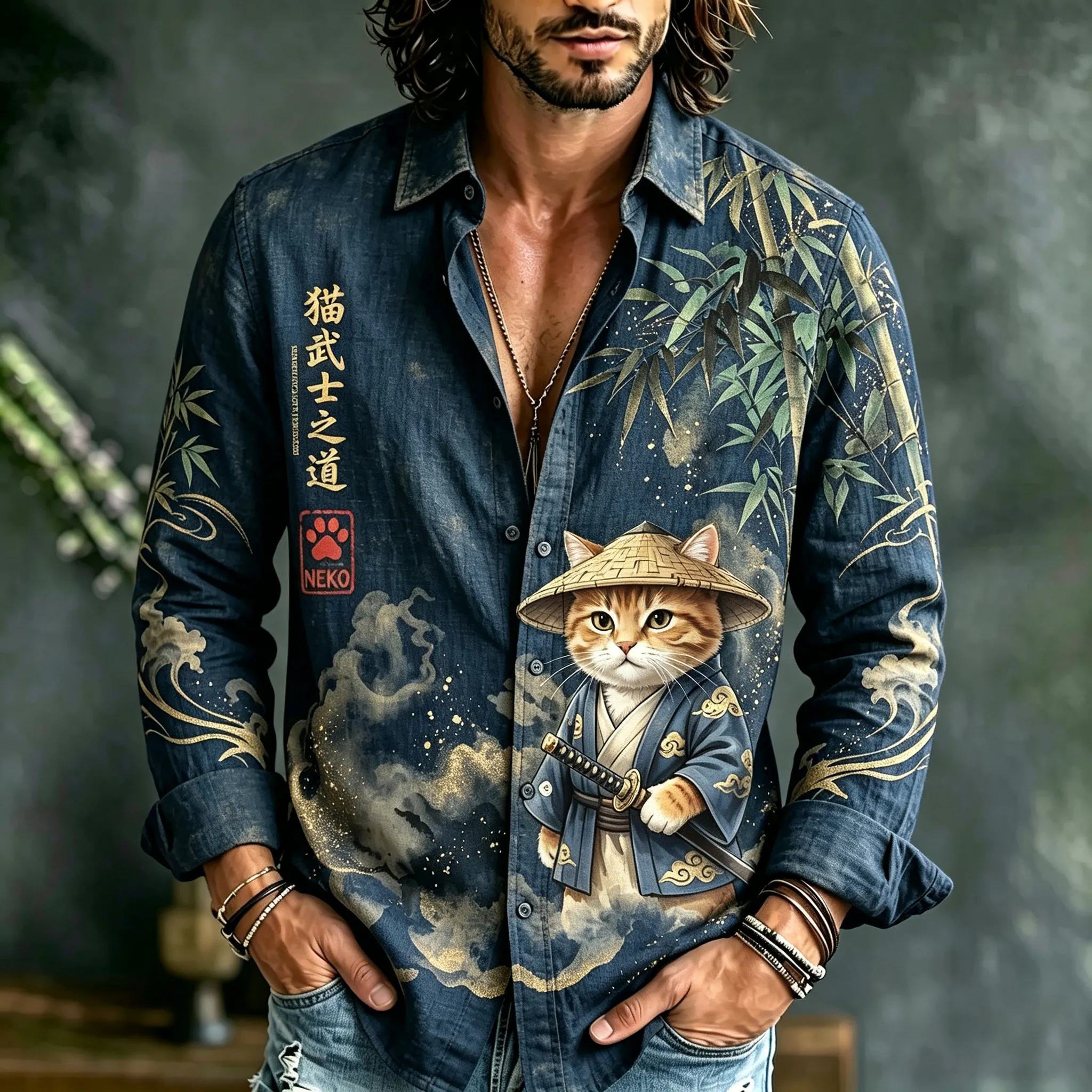 Men's Cute Japanese Samurai Cat Art Print Long Sleeve Shirt  artssus