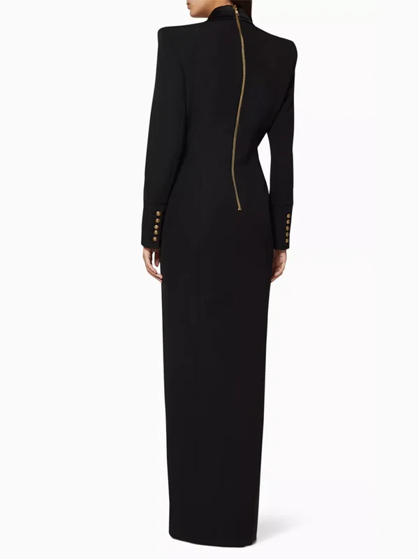 double breasted satin trimmed maxi coat dress Black Double-Breasted Satin Lapel High-Slit Maxi Blazer Dress