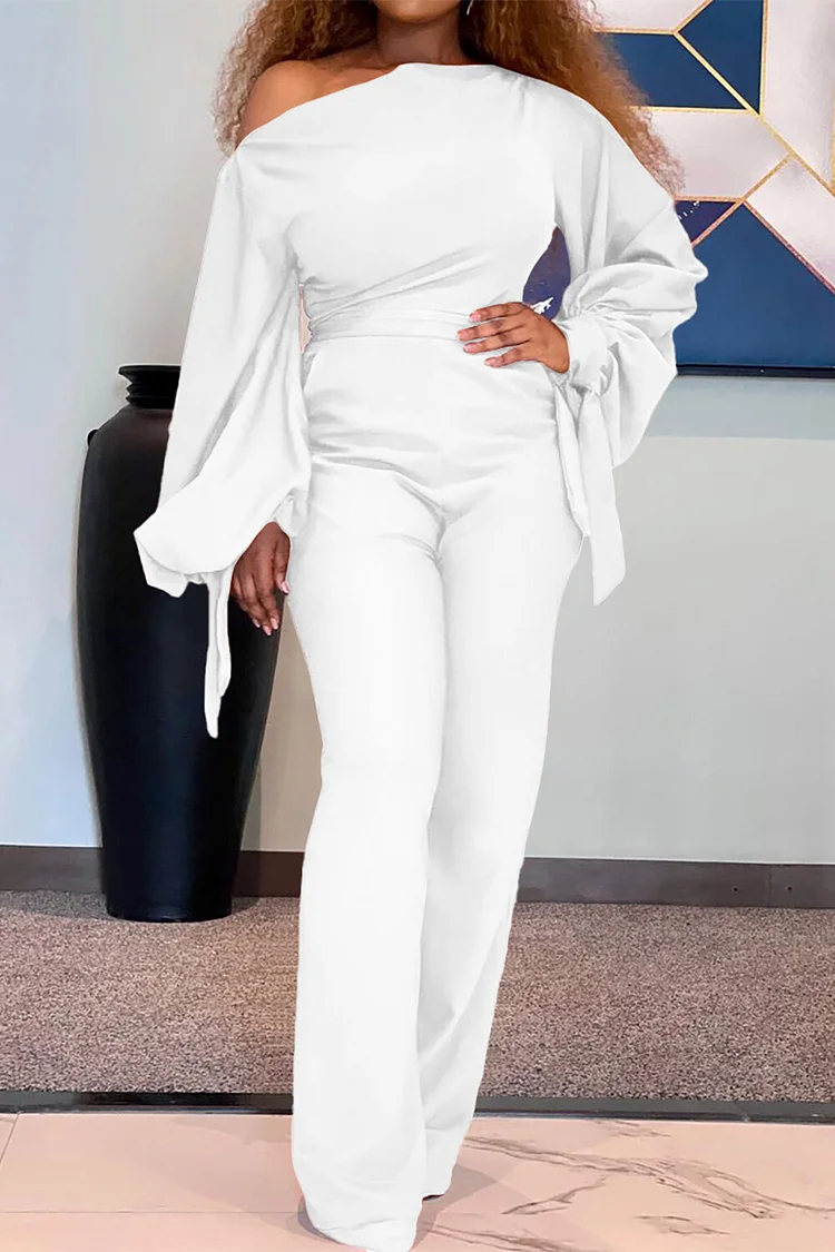 Off Shoulder Tie Up Lantern Sleeve Solid Color Jumpsuit-White
