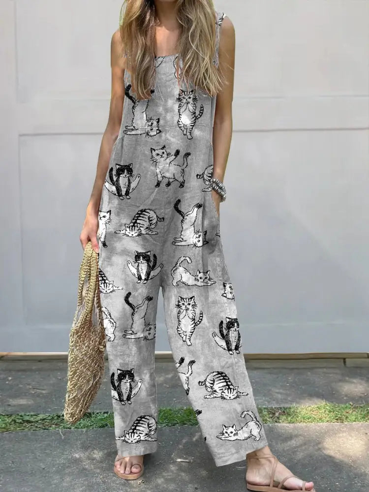 Yoga Cats Pattern Printed Women's Casual 100% Cotton Wide Leg Jumpsuit