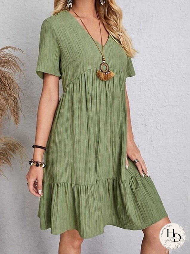 Casual Dress Shift Dress Plain Dress Plain Ruffle V Neck Midi Dress Basic Classic Outdoor Daily Short Sleeve Loose Fit Black Pink Red Spring Summer S M L XL XXL for Women