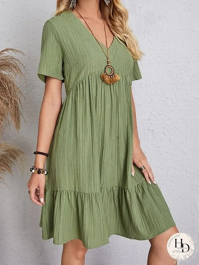 Casual Dress Shift Dress Plain Dress Plain Ruffle V Neck Midi Dress Basic Classic Outdoor Daily Short Sleeve Loose Fit Black Pink Red Spring Summer S M L XL XXL for Women
