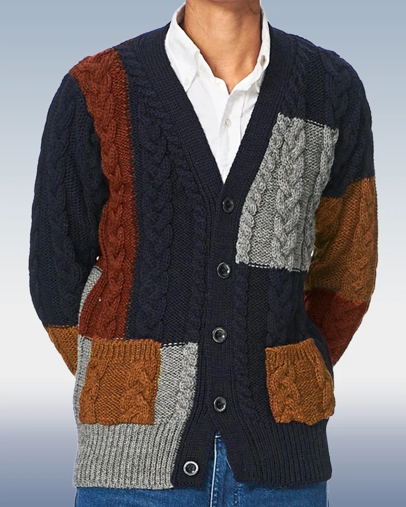 Men's V-Neck Long Sleeve Panel Contrast Sweater