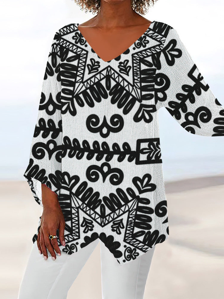 Women Long Sleeve V-neck Graphic Floral Printed Top