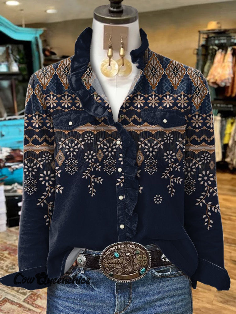 Women’s Vintage Dark Blue Floral Rhombus Art Print Casual Long Sleeve Comfortable Cotton Shirt