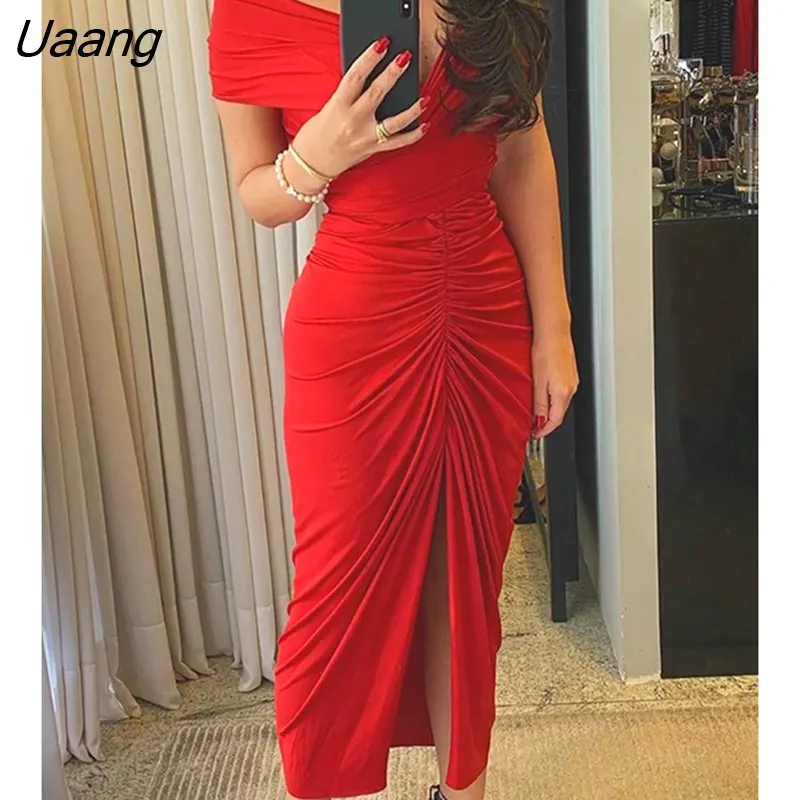Off shoulder ruched high slit tube maxi dress