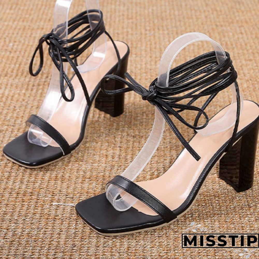 Black Casual Bandage Patchwork Printing Square Out Door Shoes (Heel Height 3.54in)