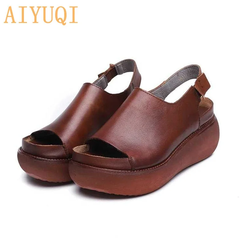 AIYUQI Sandals Female 2021 Summer Genuine Leather Retro Women Sandals Platform Flat Casual Shoes European Roman Sandals Women