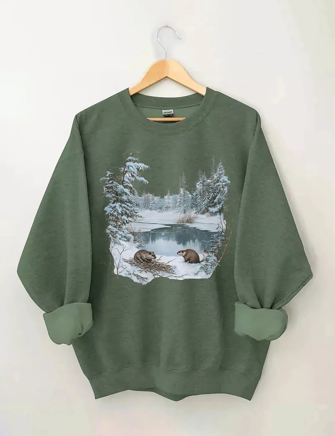 Beavers Winter Pond Snowy Scene Sweatshirt
