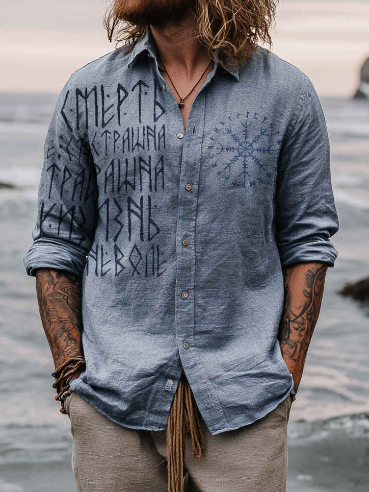 Men's Viking-Inspired Rune Long Sleeve Linen Shirt / Rvogue / Rvogue
