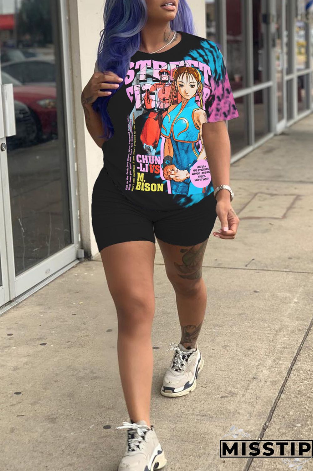 Black Purple Casual Print Basic O Neck Short Sleeve Two Pieces