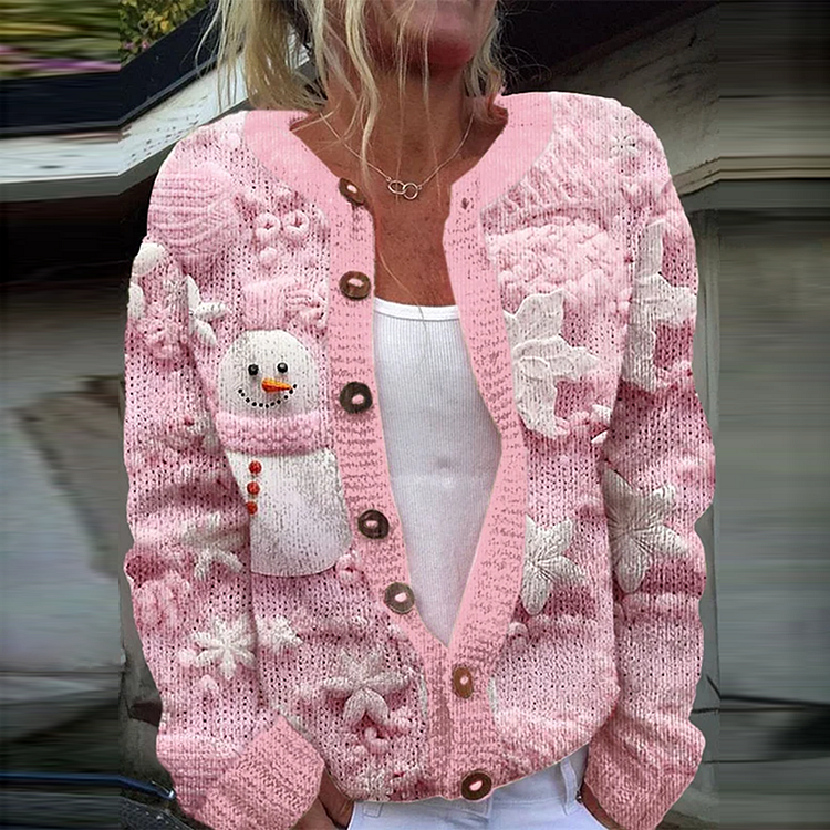 Vintage Christmas Snowman Print Comfortable Sweater Knit Cardigan