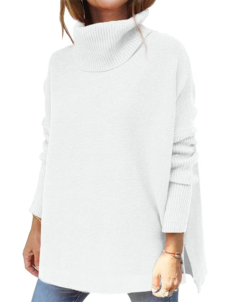Women's Turtleneck Oversized Sweater Mid-Length Batwing Sleeve Split Hem Corset Pullover Sweater