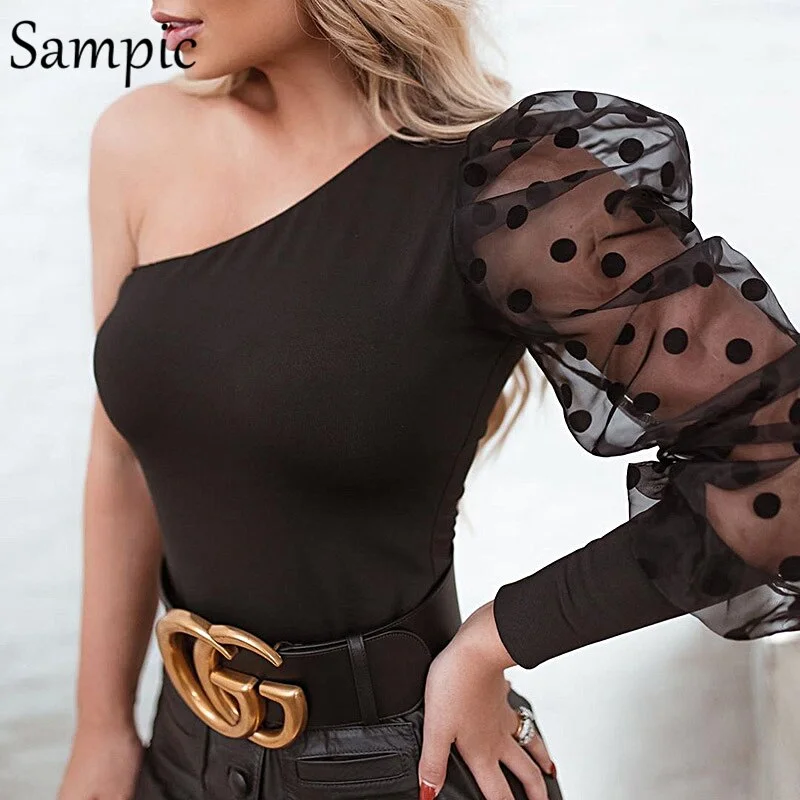 Sampic White Black Patchwork Mesh Blouse Women Polka Dot Puff Sleeve Top One Shoulder Sexy Clothing Female Blusa Shirt Summer