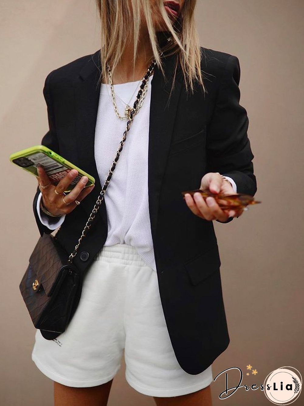 Plain Cotton-Blend Long Sleeve Blazer